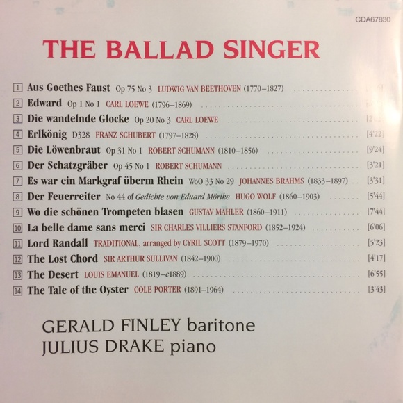 🦋 The Ballad Singer Gerald Finley Julius Drake CD Classical Opera 034571178301 - Picture 3 of 4